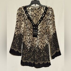 Signature by Larry Levine Embellished Animal Print Long Sleeve Blouse Size Small